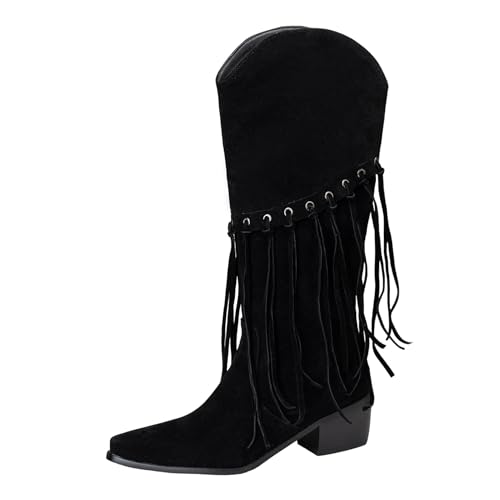 Lizoleor Klassische Chunky Heel Pointed Toe Wildleder Damen Fransen Stiefel Ohne Verschluss Leisure Solid Color Mode Concise Cowboystiefel Schwarz Gr 46 EU/48Cn von Lizoleor