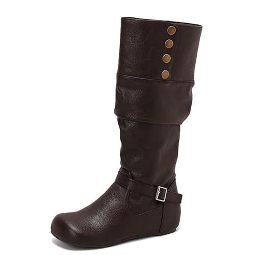 Lizoleor Klassische Keilabsatz Ohne Verschluss Runde Zehen Damen Overknees Stiefel Knöchelbündchen Buttons Weit Fit Interne Erhohen Lockere Stiefel Dark-Braun Gr 36 EU von Lizoleor