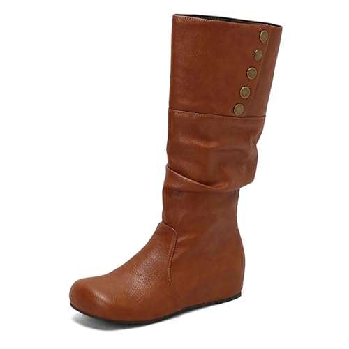 Lizoleor Klassische Keilabsatz Ohne Verschluss Runde Zehen Damen Overknees Stiefel Knöchelbündchen Buttons Weit Fit Interne Erhohen Lockere Stiefel Gelb Gr 47 EU/49Cn von Lizoleor