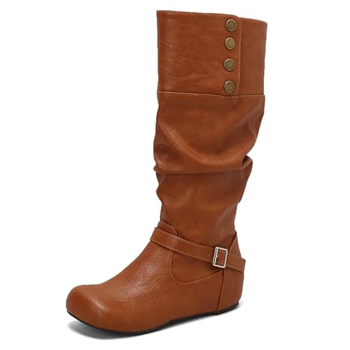 Lizoleor Klassische Keilabsatz Ohne Verschluss Runde Zehen Damen Overknees Stiefel Knöchelbündchen Buttons Weit Fit Interne Erhohen Lockere Stiefel Gelb Gr 48 EU/50Cn von Lizoleor