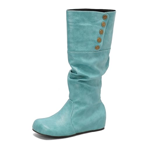 Lizoleor Klassische Keilabsatz Ohne Verschluss Runde Zehen Damen Overknees Stiefel Knöchelbündchen Buttons Weit Fit Interne Erhohen Lockere Stiefel Grün Gr 39 EU/40Cn von Lizoleor