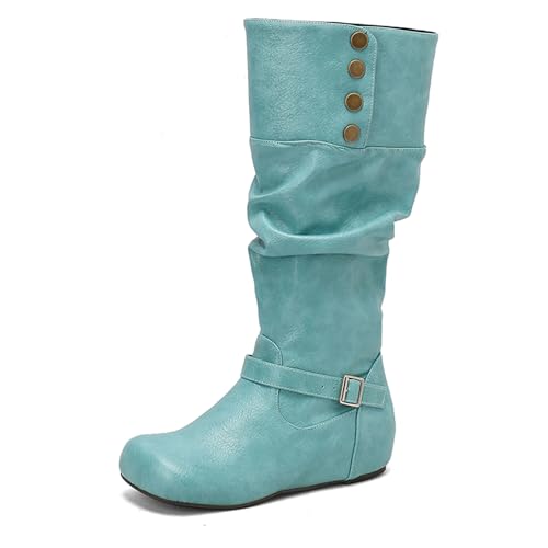 Lizoleor Klassische Keilabsatz Ohne Verschluss Runde Zehen Damen Overknees Stiefel Knöchelbündchen Buttons Weit Fit Interne Erhohen Lockere Stiefel Grün Gr 41 EU/43Cn von Lizoleor