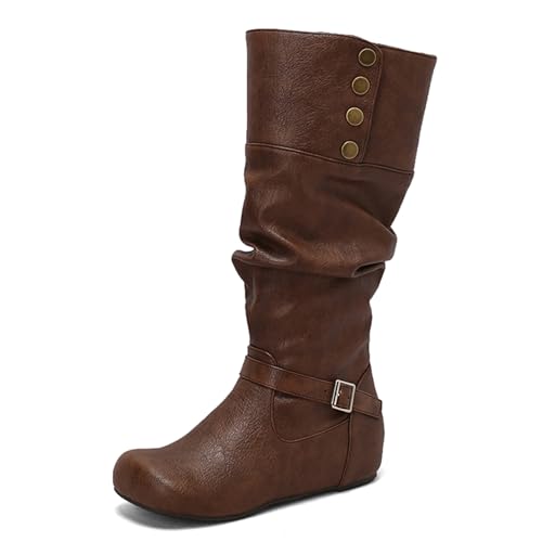 Lizoleor Klassische Keilabsatz Ohne Verschluss Runde Zehen Damen Overknees Stiefel Knöchelbündchen Buttons Weit Fit Interne Erhohen Lockere Stiefel Kaffee Gr 36 EU von Lizoleor