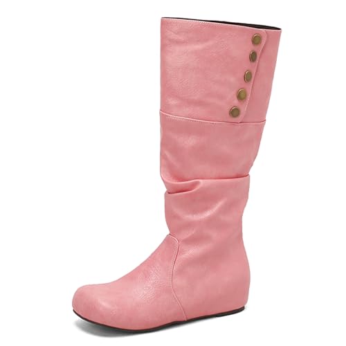 Lizoleor Klassische Keilabsatz Ohne Verschluss Runde Zehen Damen Overknees Stiefel Knöchelbündchen Buttons Weit Fit Interne Erhohen Lockere Stiefel Pink Gr 40 EU/41Cn von Lizoleor