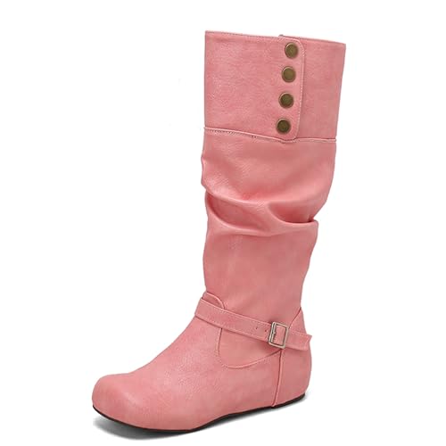 Lizoleor Klassische Keilabsatz Ohne Verschluss Runde Zehen Damen Overknees Stiefel Knöchelbündchen Buttons Weit Fit Interne Erhohen Lockere Stiefel Pink Gr 40 EU/41Cn von Lizoleor