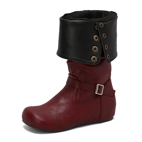 Lizoleor Klassische Keilabsatz Ohne Verschluss Runde Zehen Damen Overknees Stiefel Knöchelbündchen Buttons Weit Fit Interne Erhohen Lockere Stiefel Rotwein Gr 34 EU von Lizoleor