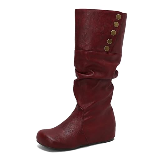 Lizoleor Klassische Keilabsatz Ohne Verschluss Runde Zehen Damen Overknees Stiefel Knöchelbündchen Buttons Weit Fit Interne Erhohen Lockere Stiefel Rotwein Gr 36 EU von Lizoleor