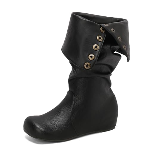 Lizoleor Klassische Keilabsatz Ohne Verschluss Runde Zehen Damen Overknees Stiefel Knöchelbündchen Buttons Weit Fit Interne Erhohen Lockere Stiefel Schwarz Gr 35 EU von Lizoleor