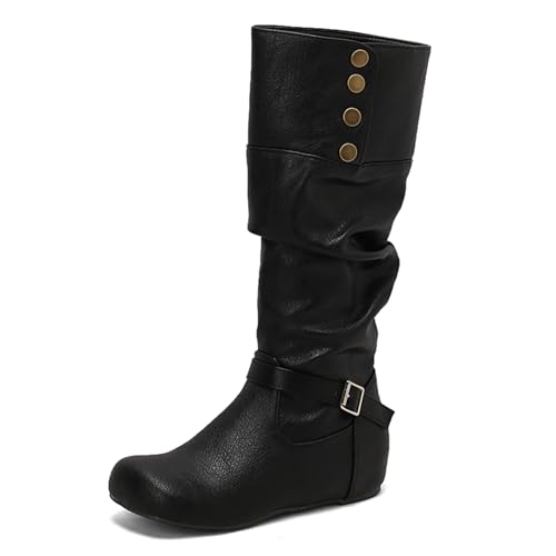 Lizoleor Klassische Keilabsatz Ohne Verschluss Runde Zehen Damen Overknees Stiefel Knöchelbündchen Buttons Weit Fit Interne Erhohen Lockere Stiefel Schwarz Gr 36.5 EU/37Cn von Lizoleor