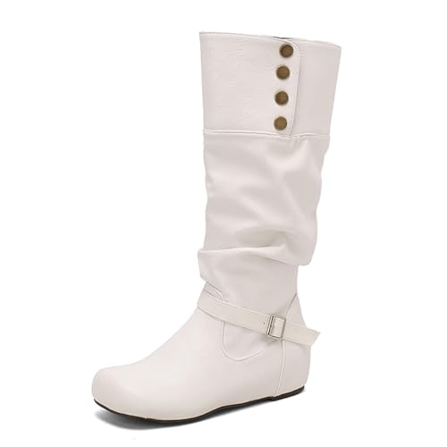 Lizoleor Klassische Keilabsatz Ohne Verschluss Runde Zehen Damen Overknees Stiefel Knöchelbündchen Buttons Weit Fit Interne Erhohen Lockere Stiefel Weiß Gr 34 EU von Lizoleor
