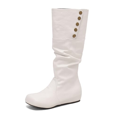 Lizoleor Klassische Keilabsatz Ohne Verschluss Runde Zehen Damen Overknees Stiefel Knöchelbündchen Buttons Weit Fit Interne Erhohen Lockere Stiefel Weiß Gr 44 EU/46Cn von Lizoleor