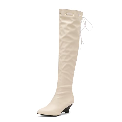 Lizoleor Klassische Keilabsatz Pointed Toe Damen Overknee Stiefel Ohne Verschluss Höhe Ferse Solid Color Concise Long Reitstiefel Beige Gr 36.5 EU/37Cn von Lizoleor