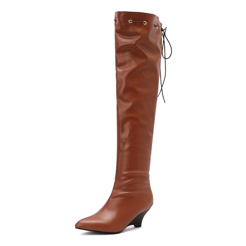Lizoleor Klassische Keilabsatz Pointed Toe Damen Overknee Stiefel Ohne Verschluss Höhe Ferse Solid Color Concise Long Reitstiefel Braun Gr 34 EU von Lizoleor