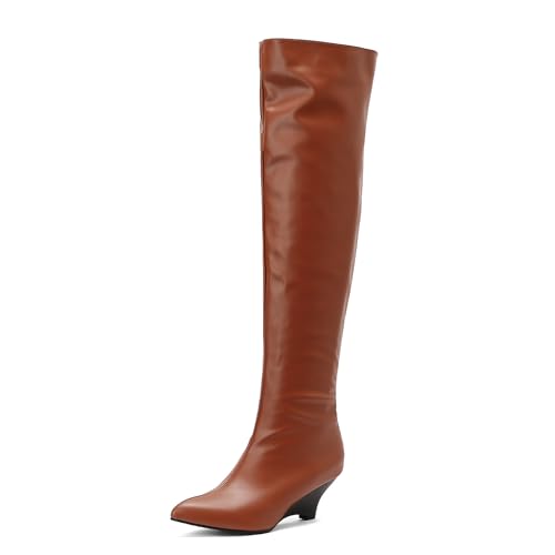 Lizoleor Klassische Keilabsatz Pointed Toe Damen Overknee Stiefel Ohne Verschluss Höhe Ferse Solid Color Concise Long Reitstiefel Braun Gr 36 EU von Lizoleor