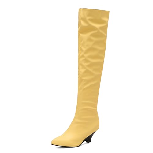Lizoleor Klassische Keilabsatz Pointed Toe Damen Overknee Stiefel Ohne Verschluss Höhe Ferse Solid Color Concise Long Reitstiefel Gelb Gr 40.5 EU/42Cn von Lizoleor