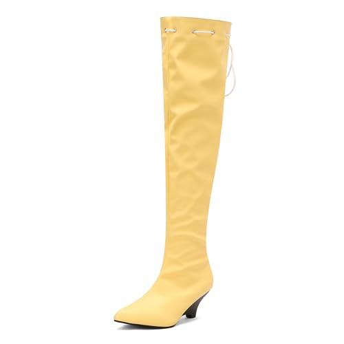 Lizoleor Klassische Keilabsatz Pointed Toe Damen Overknee Stiefel Ohne Verschluss Höhe Ferse Solid Color Concise Long Reitstiefel Gelb Gr 45 EU/47Cn von Lizoleor