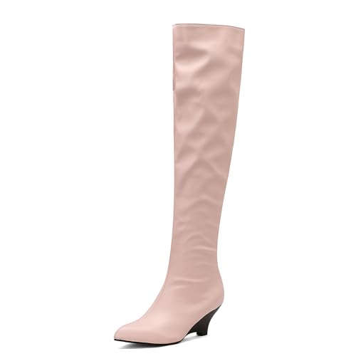 Lizoleor Klassische Keilabsatz Pointed Toe Damen Overknee Stiefel Ohne Verschluss Höhe Ferse Solid Color Concise Long Reitstiefel Pink Gr 40.5 EU/42Cn von Lizoleor