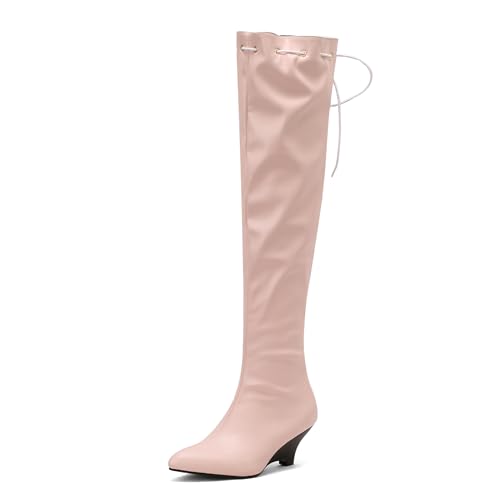 Lizoleor Klassische Keilabsatz Pointed Toe Damen Overknee Stiefel Ohne Verschluss Höhe Ferse Solid Color Concise Long Reitstiefel Pink Gr 40.5 EU/42Cn von Lizoleor