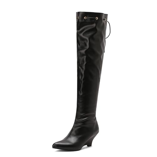 Lizoleor Klassische Keilabsatz Pointed Toe Damen Overknee Stiefel Ohne Verschluss Höhe Ferse Solid Color Concise Long Reitstiefel Schwarz Gr 40.5 EU/42Cn von Lizoleor