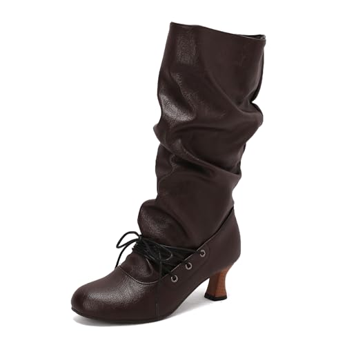 Lizoleor Klassische Kitten Heel Runde Zehen Damen Knee Lockere Stiefel Pleated Ohne Verschluss Komfort Mitte Absatz Herbst Long Anzugstiefel Dark-Braun Gr 45 EU/47Cn von Lizoleor