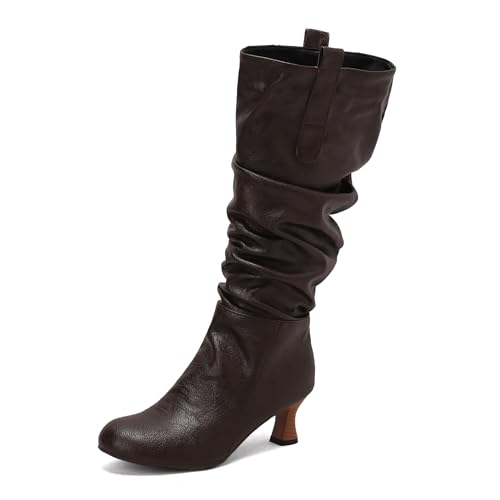 Lizoleor Klassische Kitten Heel Runde Zehen Damen Knee Lockere Stiefel Pleated Ohne Verschluss Komfort Mitte Absatz Herbst Long Anzugstiefel Dark-Braun Gr 47 EU/49Cn von Lizoleor