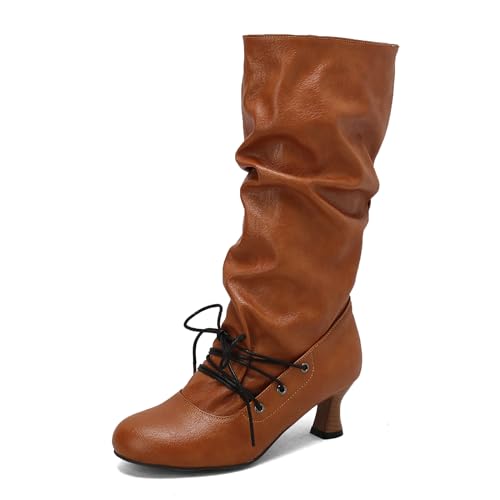 Lizoleor Klassische Kitten Heel Runde Zehen Damen Knee Lockere Stiefel Pleated Ohne Verschluss Komfort Mitte Absatz Herbst Long Anzugstiefel Gelb Gr 44 EU/46Cn von Lizoleor