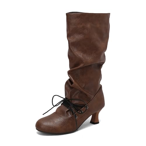 Lizoleor Klassische Kitten Heel Runde Zehen Damen Knee Lockere Stiefel Pleated Ohne Verschluss Komfort Mitte Absatz Herbst Long Anzugstiefel Kaffee Gr 40.5 EU/42Cn von Lizoleor