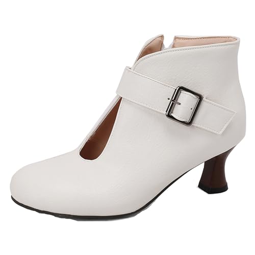 Lizoleor Klassische Kitten Heel Side Reißverschluss Damen Stiefeletten Schnalle Runde Zehen Weit Fit Concise Herbst Mitte Absatz Stiefeletten Weiß Gr 32 EU von Lizoleor