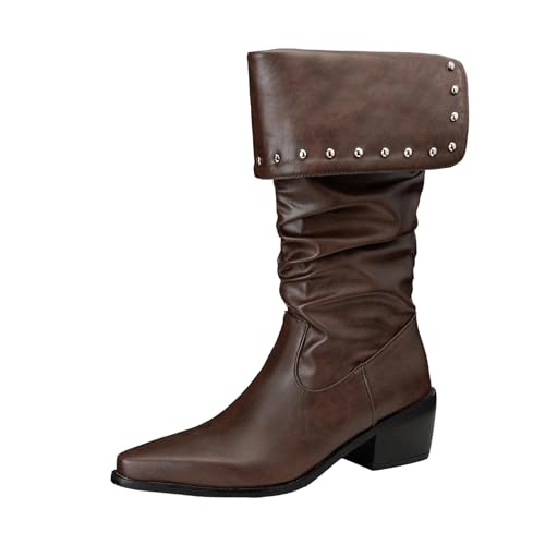 Lizoleor Klassische Knöchelbündchen Blockabsatz Pointed Toe Damen Cowboystiefel Pleated Ohne Verschluss Splicing Mode Lockere Stiefel Braun Gr 32 EU von Lizoleor
