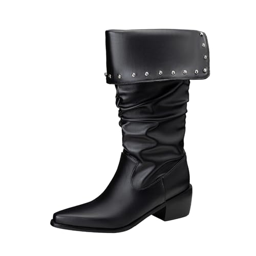 Lizoleor Klassische Knöchelbündchen Blockabsatz Pointed Toe Damen Cowboystiefel Pleated Ohne Verschluss Splicing Mode Lockere Stiefel Schwarz Gr 40 EU/41Cn von Lizoleor