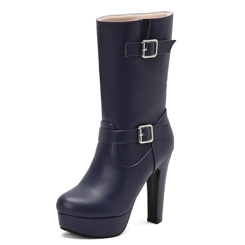 Lizoleor Klassische Plateau Runde Zehen Blockabsatz Damen Hohe Stiefel Schnalle Super Höhe Ferse Western Style Kleid Reitstiefel Blau Gr 36 EU von Lizoleor