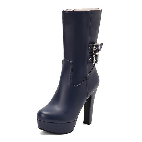Lizoleor Klassische Plateau Runde Zehen Blockabsatz Damen Hohe Stiefel Schnalle Super Höhe Ferse Western Style Kleid Reitstiefel Blau Gr 39 EU/40Cn von Lizoleor