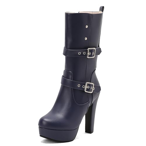 Lizoleor Klassische Plateau Runde Zehen Blockabsatz Damen Hohe Stiefel Schnalle Super Höhe Ferse Western Style Kleid Reitstiefel Blau Gr 39 EU/40Cn von Lizoleor
