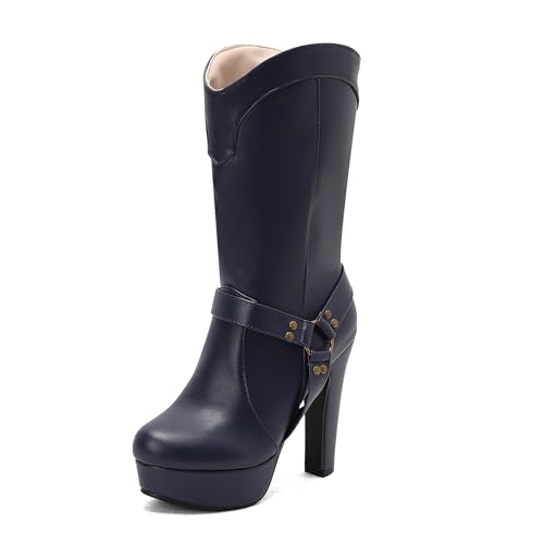 Lizoleor Klassische Plateau Runde Zehen Blockabsatz Damen Hohe Stiefel Schnalle Super Höhe Ferse Western Style Kleid Reitstiefel Blau Gr 40 EU/41Cn von Lizoleor