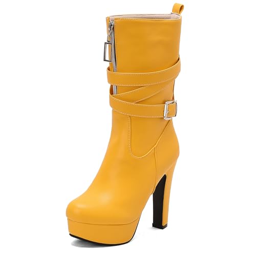 Lizoleor Klassische Plateau Runde Zehen Blockabsatz Damen Hohe Stiefel Schnalle Super Höhe Ferse Western Style Kleid Reitstiefel Gelb Gr 34 EU von Lizoleor