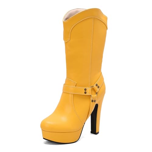 Lizoleor Klassische Plateau Runde Zehen Blockabsatz Damen Hohe Stiefel Schnalle Super Höhe Ferse Western Style Kleid Reitstiefel Gelb Gr 40 EU/41Cn von Lizoleor