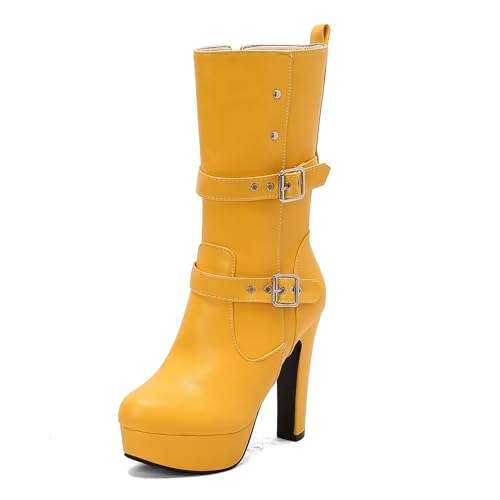 Lizoleor Klassische Plateau Runde Zehen Blockabsatz Damen Hohe Stiefel Schnalle Super Höhe Ferse Western Style Kleid Reitstiefel Gelb Gr 42 EU/44Cn von Lizoleor