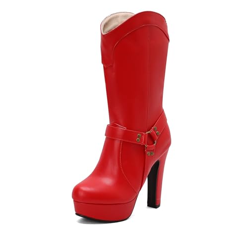 Lizoleor Klassische Plateau Runde Zehen Blockabsatz Damen Hohe Stiefel Schnalle Super Höhe Ferse Western Style Kleid Reitstiefel Rot Gr 36.5 EU/37Cn von Lizoleor