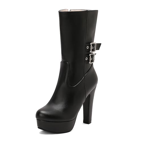 Lizoleor Klassische Plateau Runde Zehen Blockabsatz Damen Hohe Stiefel Schnalle Super Höhe Ferse Western Style Kleid Reitstiefel Schwarz Gr 36 EU von Lizoleor