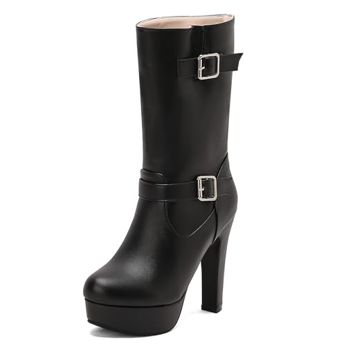 Lizoleor Klassische Plateau Runde Zehen Blockabsatz Damen Hohe Stiefel Schnalle Super Höhe Ferse Western Style Kleid Reitstiefel Schwarz Gr 37 EU/38Cn von Lizoleor