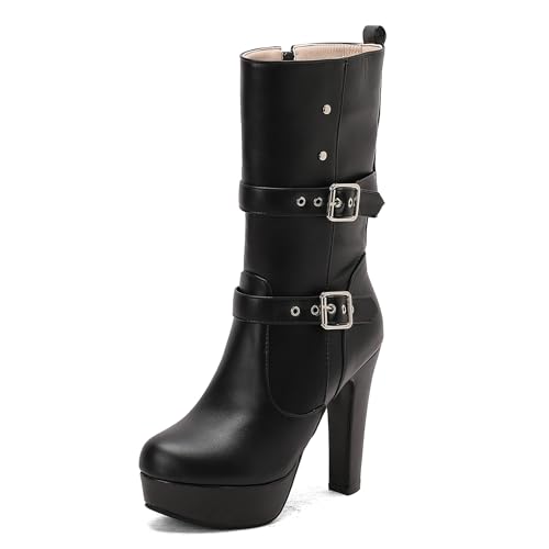 Lizoleor Klassische Plateau Runde Zehen Blockabsatz Damen Hohe Stiefel Schnalle Super Höhe Ferse Western Style Kleid Reitstiefel Schwarz Gr 38 EU/39Cn von Lizoleor