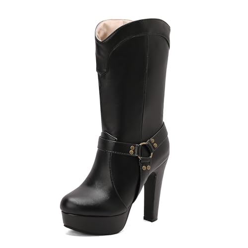 Lizoleor Klassische Plateau Runde Zehen Blockabsatz Damen Hohe Stiefel Schnalle Super Höhe Ferse Western Style Kleid Reitstiefel Schwarz Gr 39 EU/40Cn von Lizoleor
