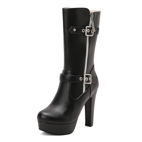 Lizoleor Klassische Plateau Runde Zehen Blockabsatz Damen Hohe Stiefel Schnalle Super Höhe Ferse Western Style Kleid Reitstiefel Schwarz Gr 40.5 EU/42Cn von Lizoleor