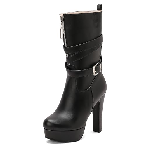 Lizoleor Klassische Plateau Runde Zehen Blockabsatz Damen Hohe Stiefel Schnalle Super Höhe Ferse Western Style Kleid Reitstiefel Schwarz Gr 41 EU/43Cn von Lizoleor