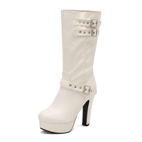 Lizoleor Klassische Plateau Runde Zehen Blockabsatz Damen Hohe Stiefel Schnalle Super Höhe Ferse Western Style Kleid Reitstiefel Weiß Gr 36.5 EU/37Cn von Lizoleor