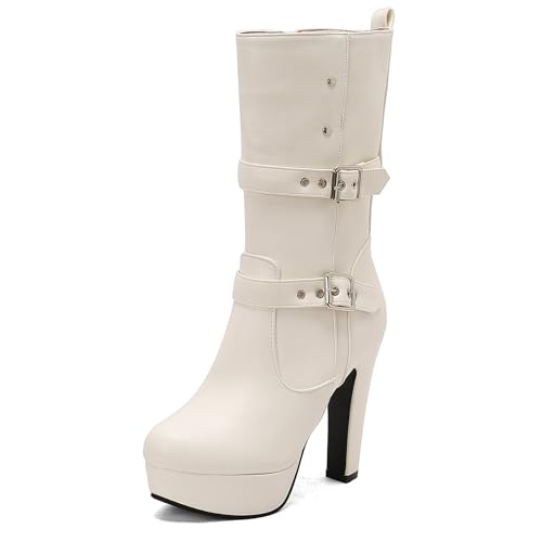 Lizoleor Klassische Plateau Runde Zehen Blockabsatz Damen Hohe Stiefel Schnalle Super Höhe Ferse Western Style Kleid Reitstiefel Weiß Gr 42 EU/44Cn von Lizoleor
