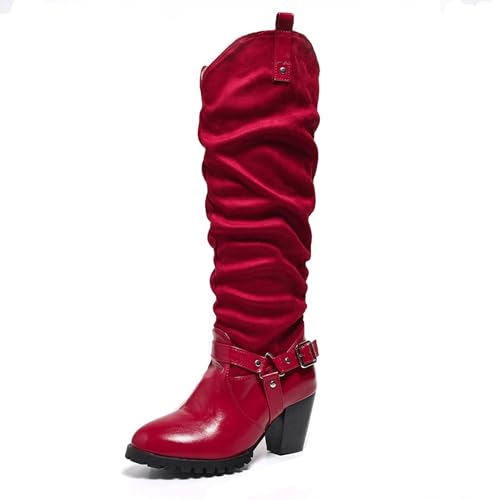 Lizoleor Klassische Pleated Ohne Verschluss Blockabsatz Damen Knee Hohe Stiefel Runde Zehen Retro Schnalle Höhe Ferse Long Lockere Stiefel Rot Gr 40.5 EU/42Cn von Lizoleor