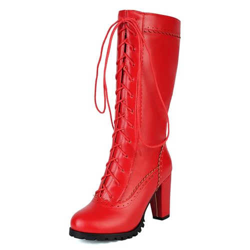 Lizoleor Klassische Runde Zehen Schnüren Brogue Damen Motorradstiefel Side Reißverschluss Ruffles Blockabsatz Halbschaft Reitstiefel Rot Gr 34 EU von Lizoleor