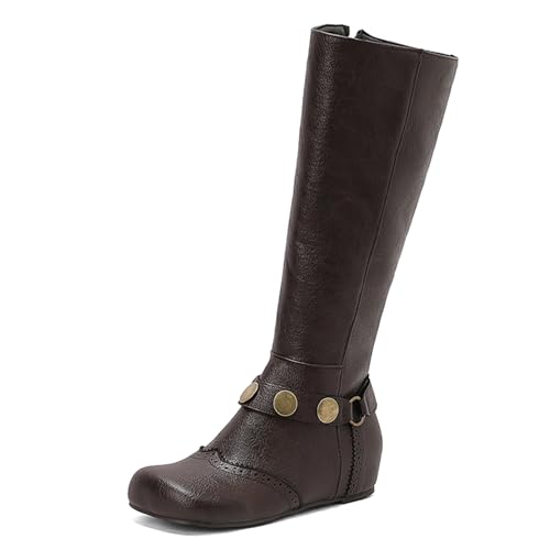 Lizoleor Klassische Runde Zehen Side Reißverschluss Damen Knee Hohe Stiefel Weit Fit Keilabsatz Brogue Ruffles Long Anzugstiefel Dark-Braun Gr 48 EU/50Cn von Lizoleor
