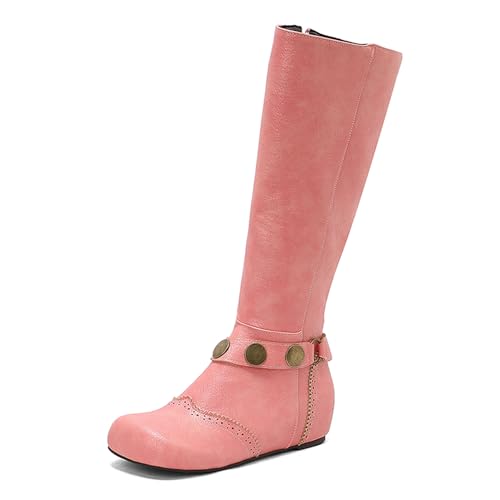 Lizoleor Klassische Runde Zehen Side Reißverschluss Damen Knee Hohe Stiefel Weit Fit Keilabsatz Brogue Ruffles Long Anzugstiefel Pink Gr 48 EU/50Cn von Lizoleor